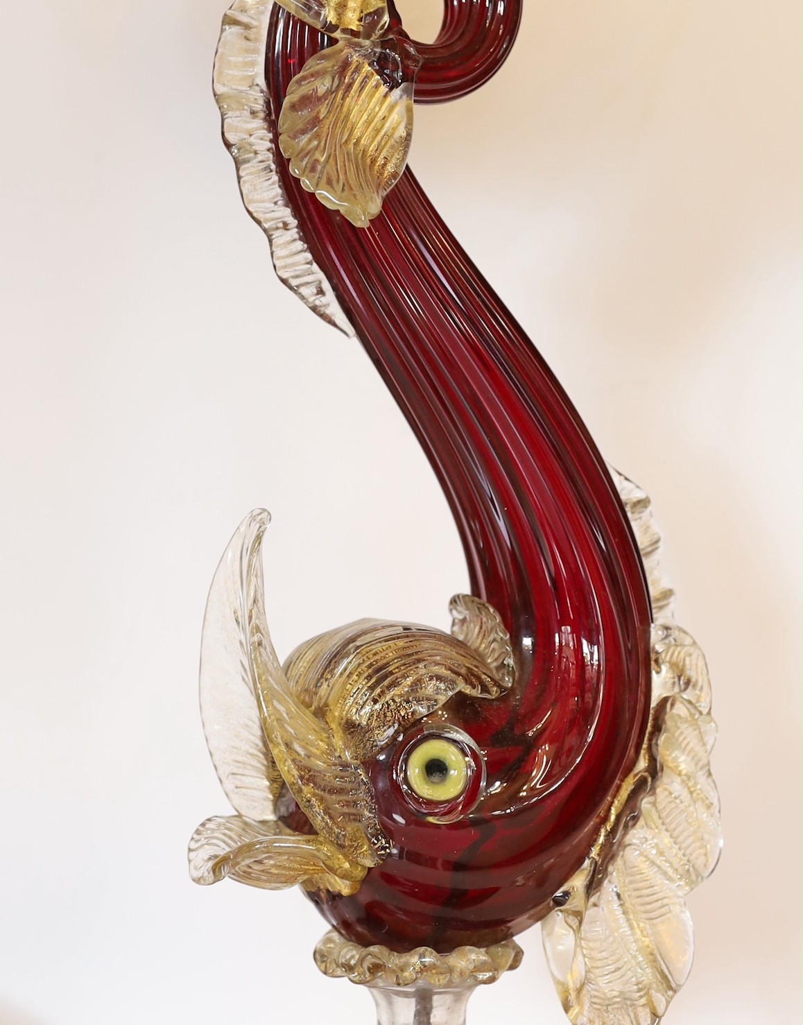 A 1930s Venetian ruby and gold glass dolphin table lamp, height 55cm